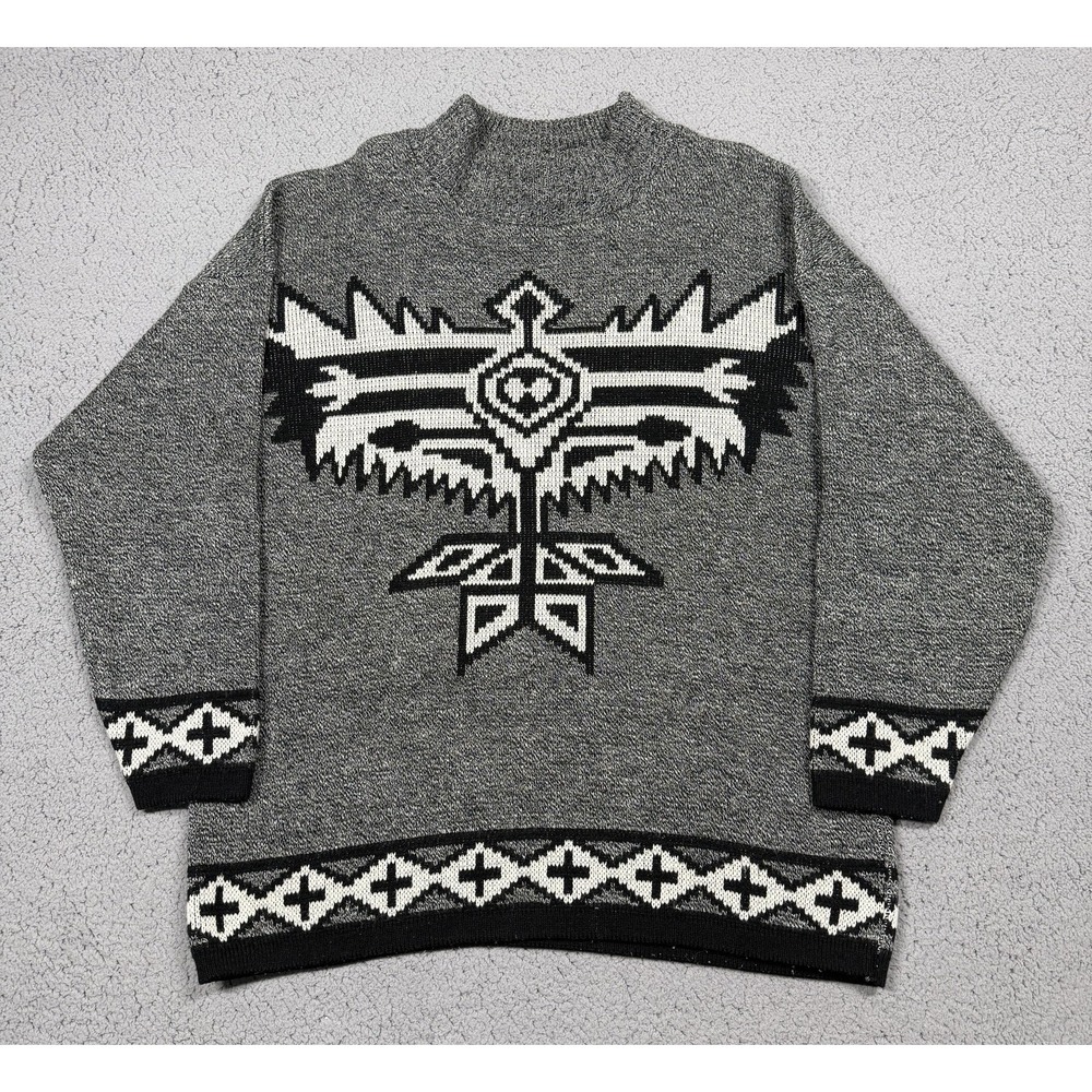 Vintage Dressy Tessy Sweater Womens Small Gray Tribal Thunderbird Pullover 80s - Picture 1 of 6